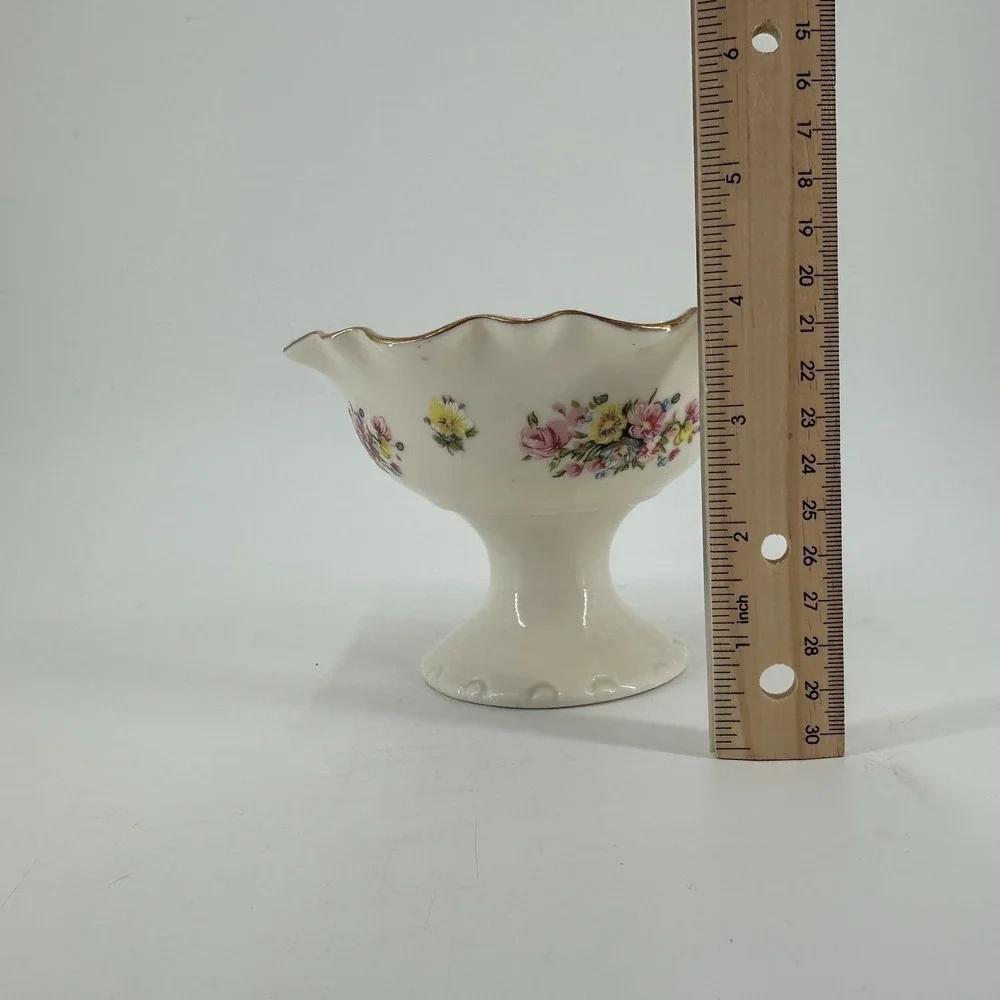 Vintage Floral‎ Pedestal Bowl with Gold Trim Cottagecore Shabby Chic Decor